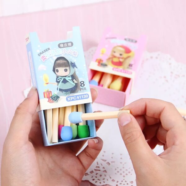 08 Pcs Cute Kawaii Matches Eraser Lovely Colored Eraser