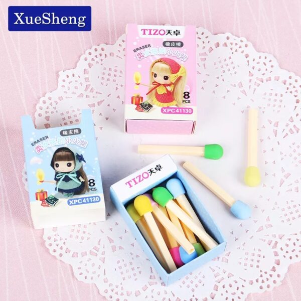 08 Pcs Cute Kawaii Matches Eraser Lovely Colored Eraser - Image 5