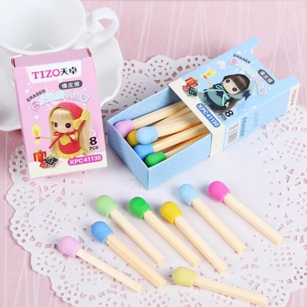 08 Pcs Cute Kawaii Matches Eraser Lovely Colored Eraser - Image 3